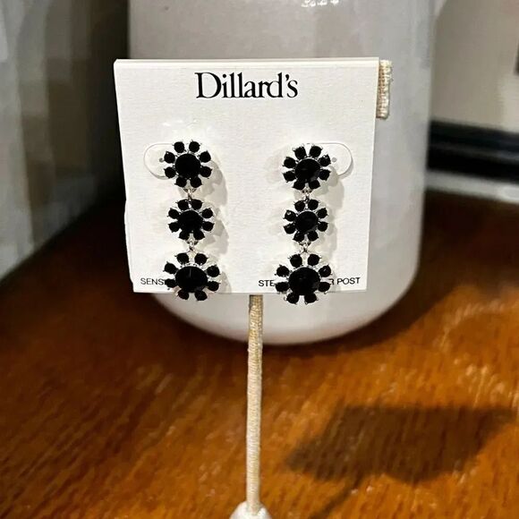 NWT Dillard’s Sensitive Skin Sterling Silver Posts Black Stud Drop Earrings #JW7 - Picture 1 of 4